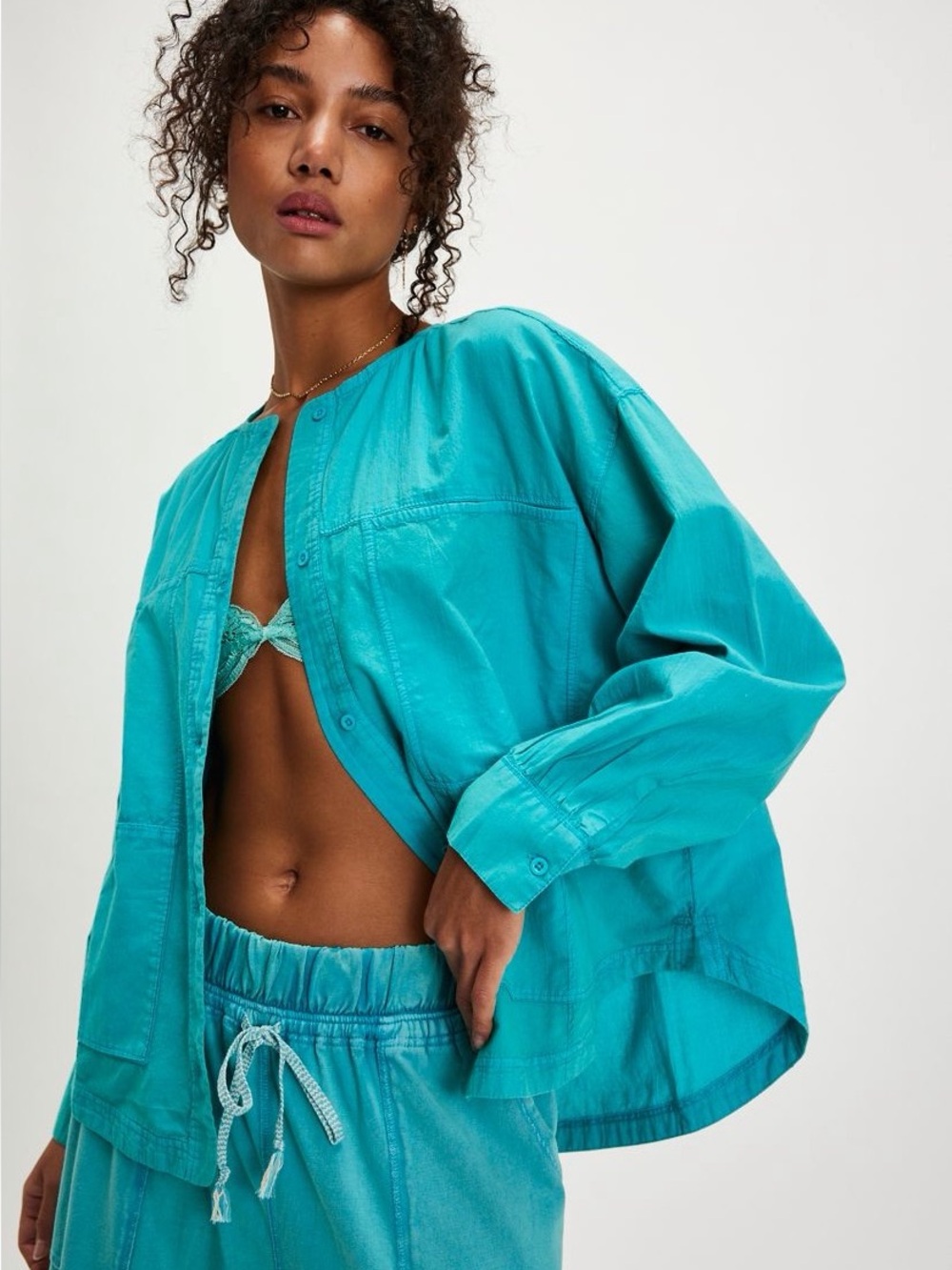 Free People Golden Hour Cotton Button Up Long Sleeve House Shirt in Blue